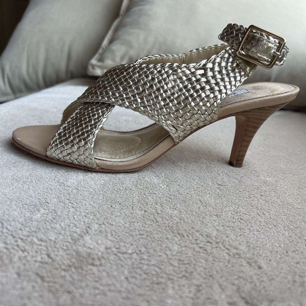 Diane Von Furstenberg Metallic Gold Woven Leather Slingback Heel‎ Sandal Women 6